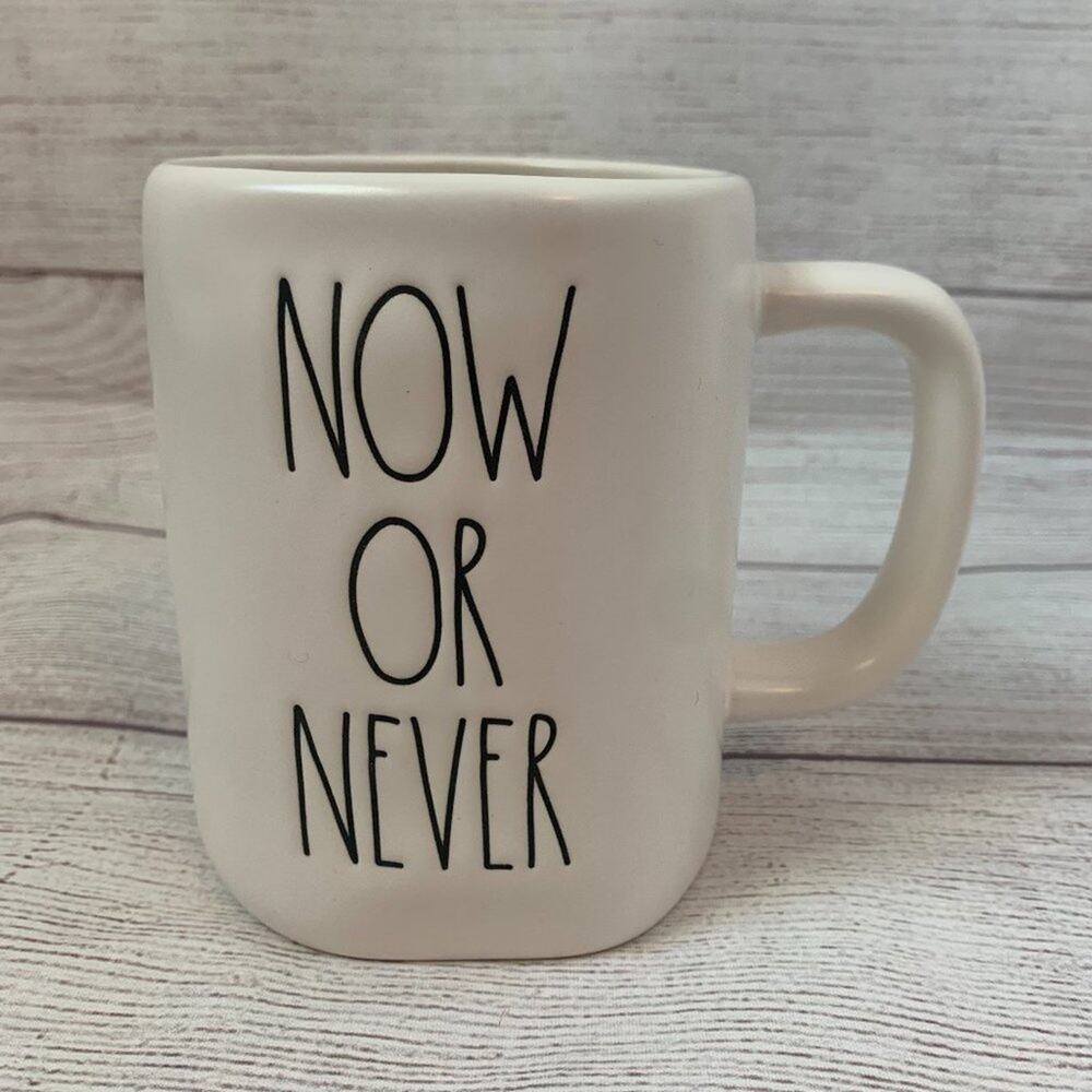 Rae Dunn Coffee Cup Mug NOW OR NEVER White with Black Letters Tea Hot Chocolate